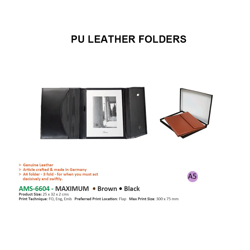 6604 MAXIMUM Real Leather A4 -3Fold Folder-Black