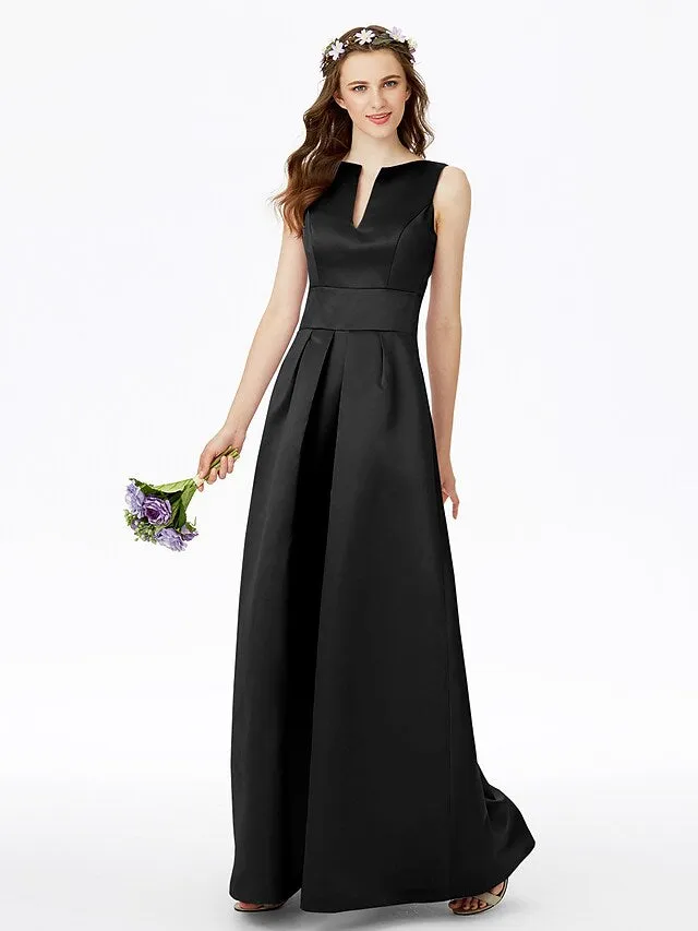 A-Line Bridesmaid Dress Notched Sleeveless Elegant Floor Length Satin with Pleats  Pocket