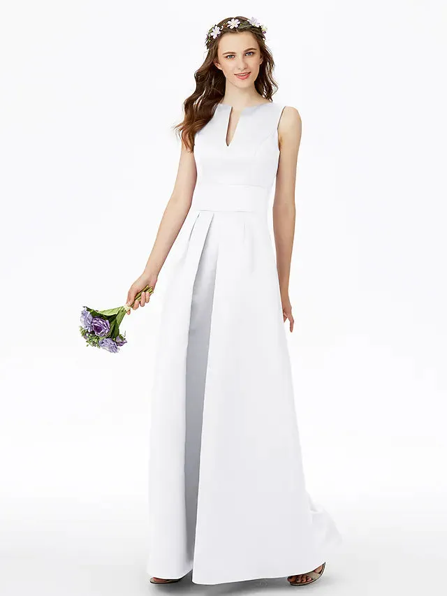 A-Line Bridesmaid Dress Notched Sleeveless Elegant Floor Length Satin with Pleats  Pocket