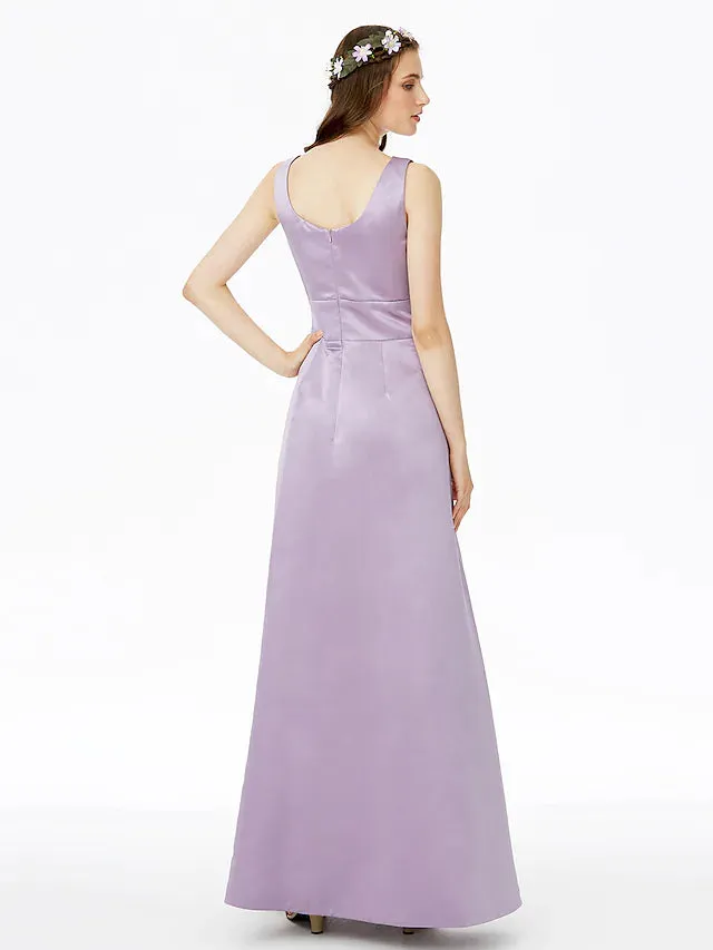 A-Line Bridesmaid Dress Notched Sleeveless Elegant Floor Length Satin with Pleats  Pocket