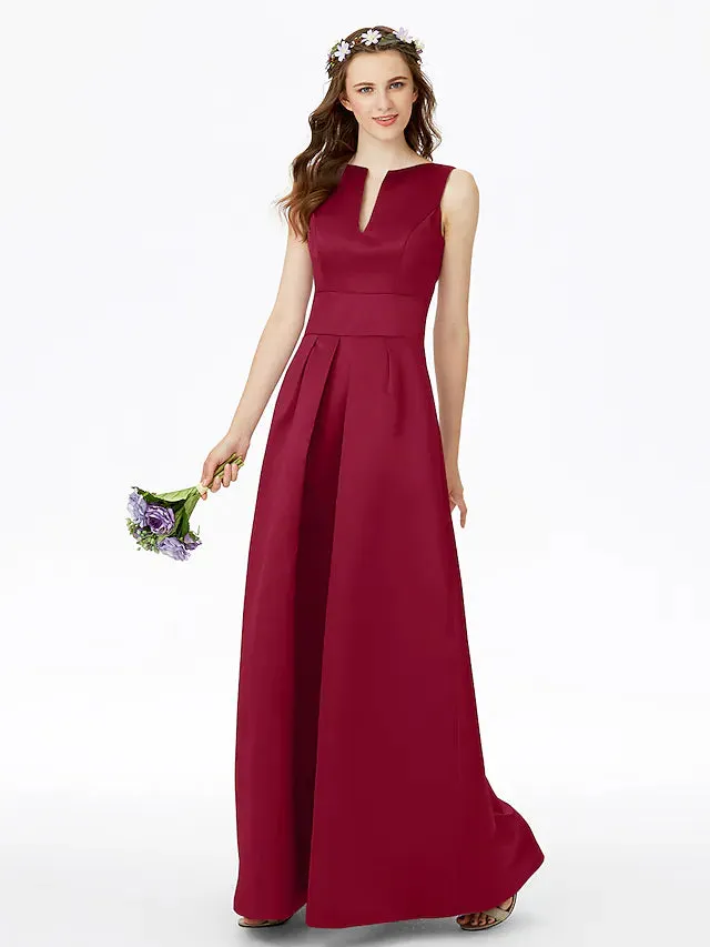 A-Line Bridesmaid Dress Notched Sleeveless Elegant Floor Length Satin with Pleats  Pocket