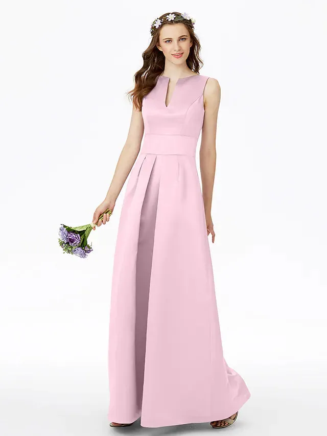 A-Line Bridesmaid Dress Notched Sleeveless Elegant Floor Length Satin with Pleats  Pocket