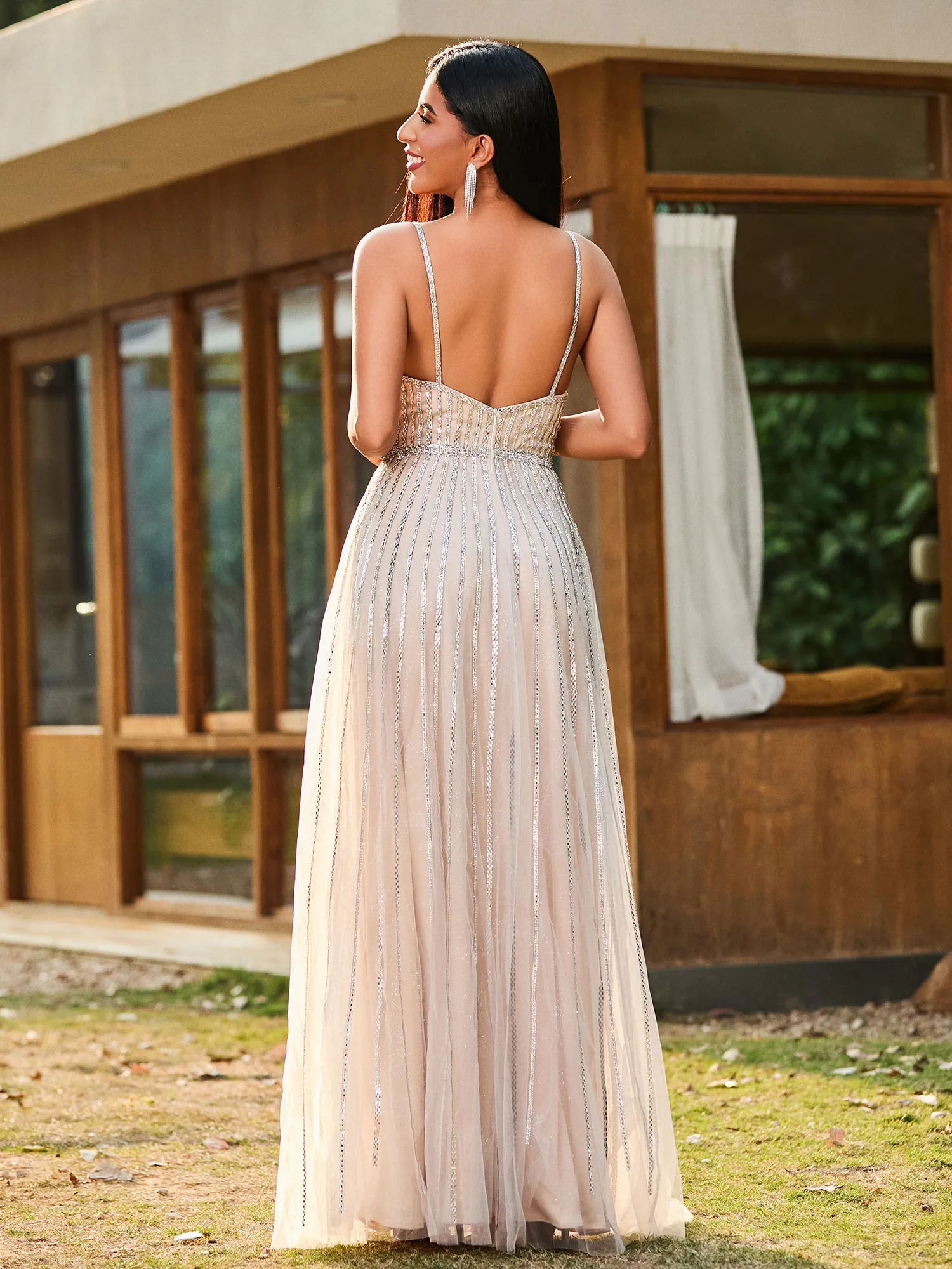 A-line Glittering Diamond Backless Floor-length Dress Dusty Sage