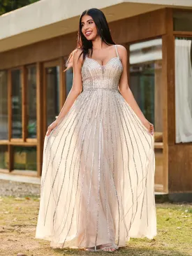 A-line Glittering Diamond Backless Floor-length Dress Dusty Sage