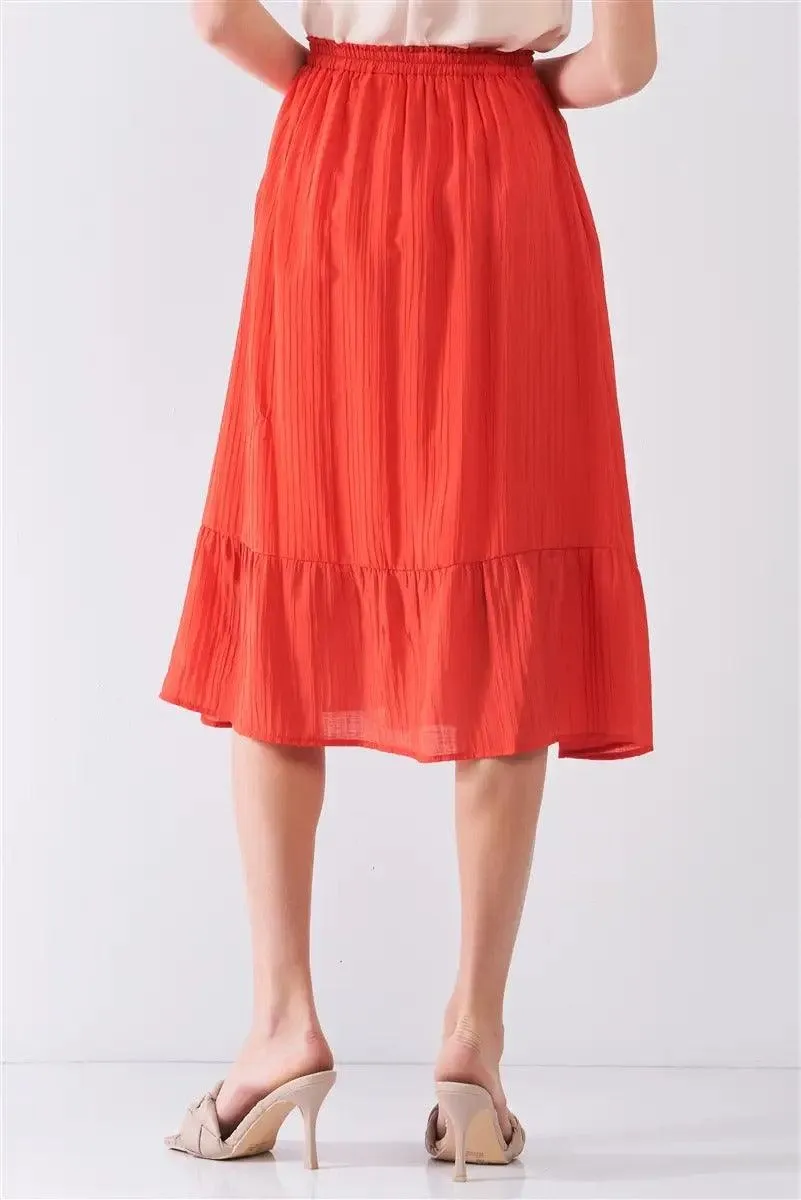 Afterglow Red High-Waisted Slightly Pleated Midi Skirt