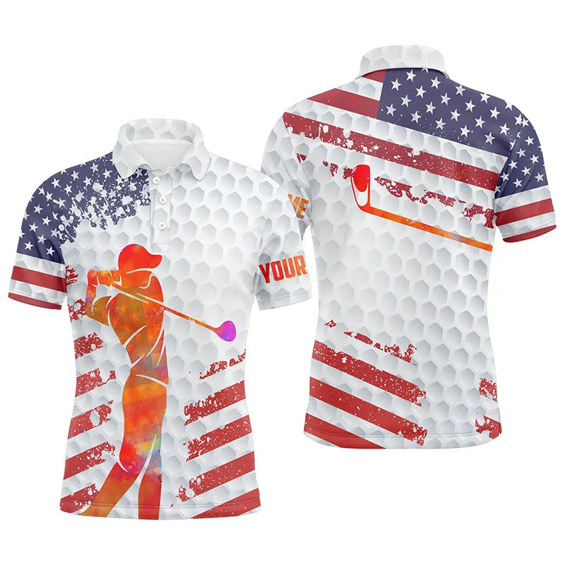 American Flag White Golf Balls Skin Custom Name Short Sleeve, Long Sleeve Golf Polos Shirt For Mens