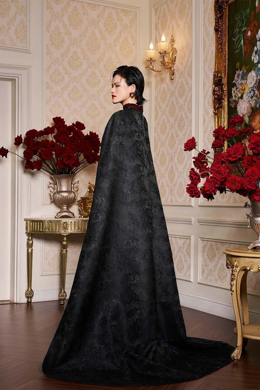 Antonella Sheath Cape Sleeved Silk Floor Length Dress