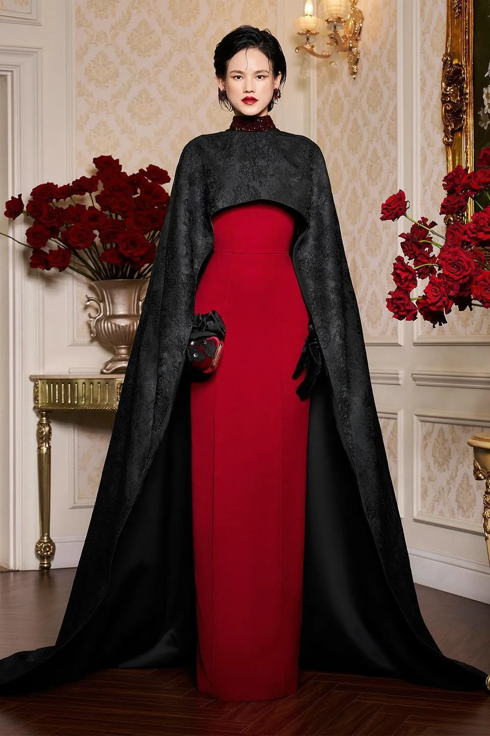 Antonella Sheath Cape Sleeved Silk Floor Length Dress