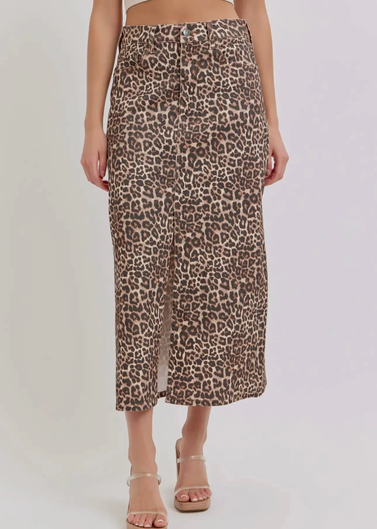 Baby Love Leopard Denim Midi Skirt