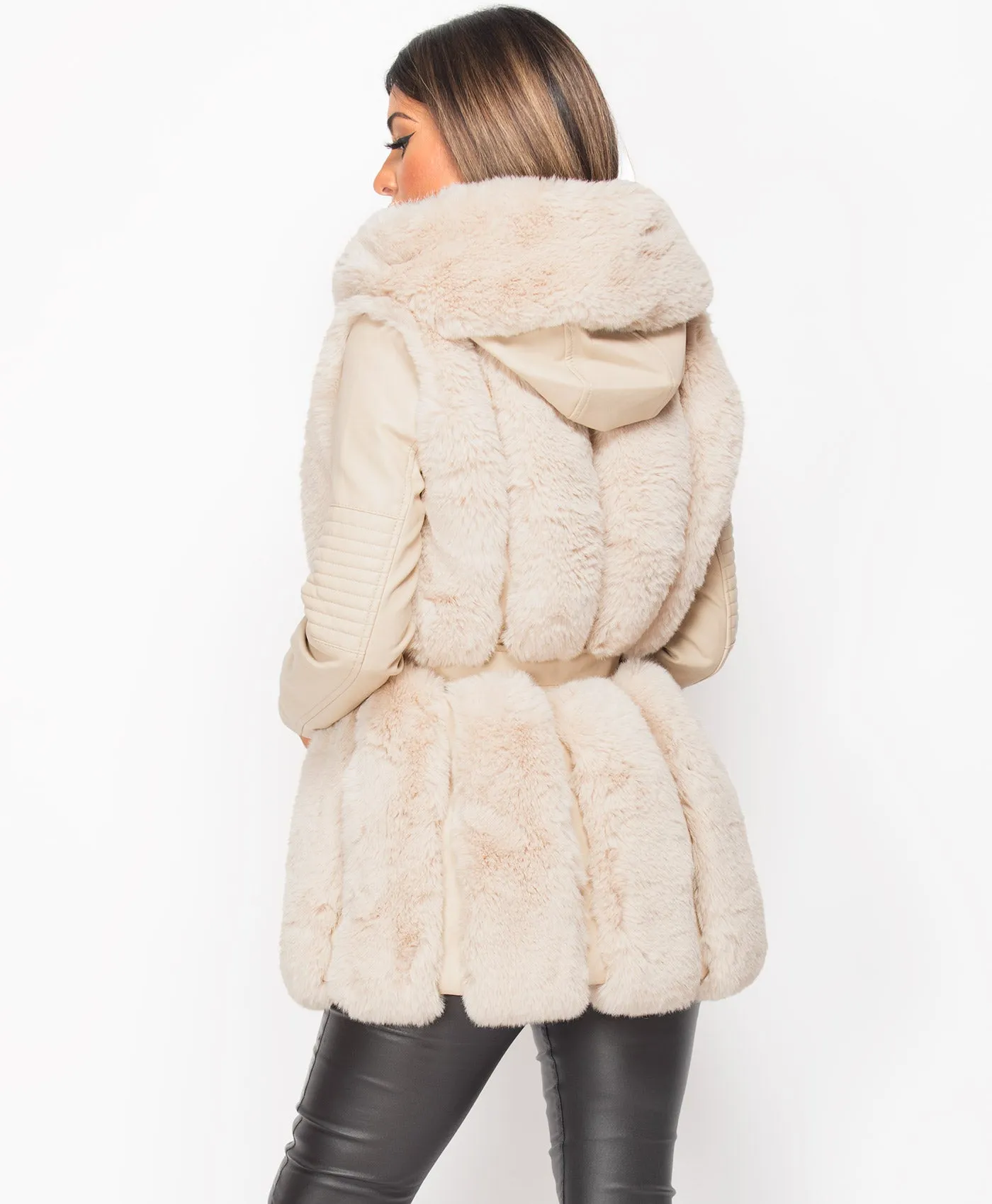 Beige PU PVC Faux Leather Fur Trim Hooded Coat Jacket