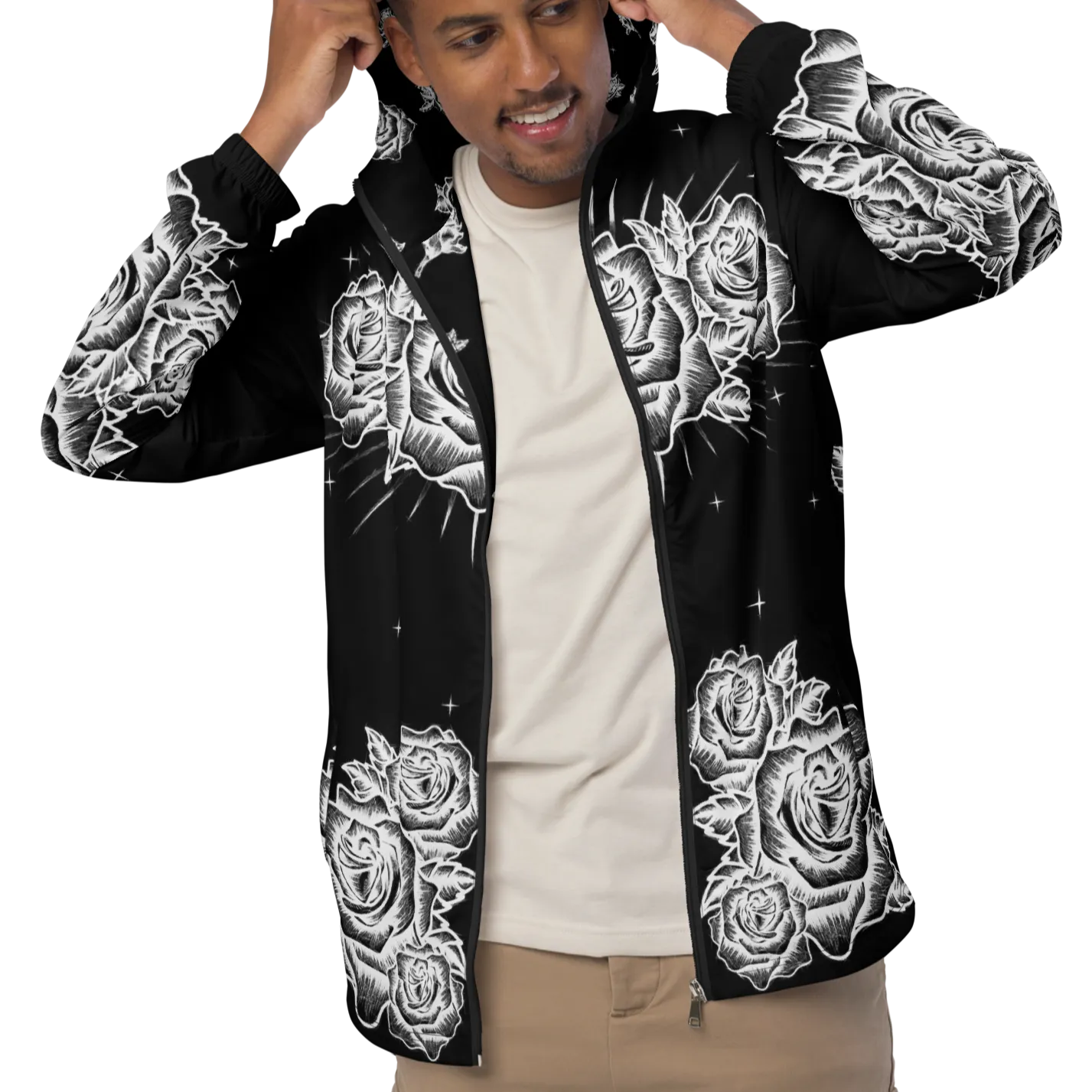 Black and White, Chicano Pen Ink Style Roses - Unisex Waterproof Windbreaker Jacket