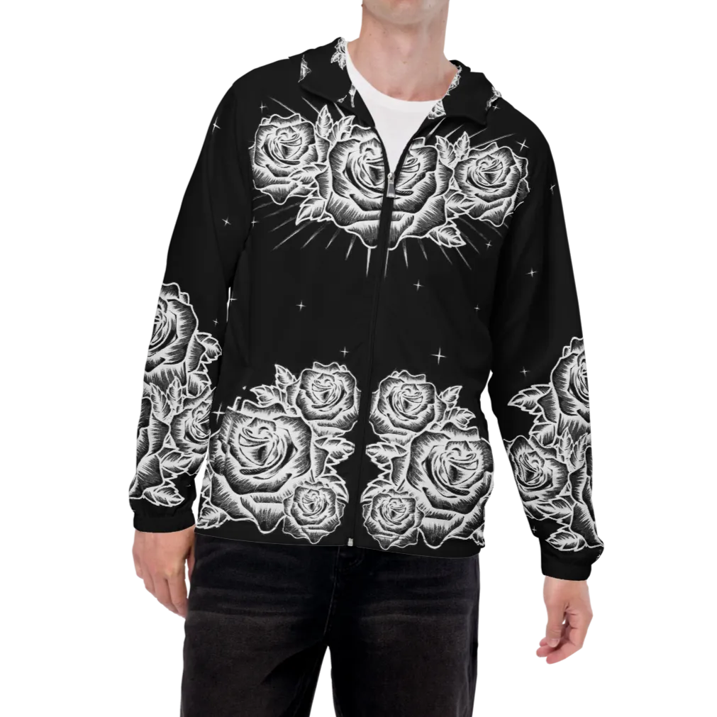 Black and White, Chicano Pen Ink Style Roses - Unisex Waterproof Windbreaker Jacket