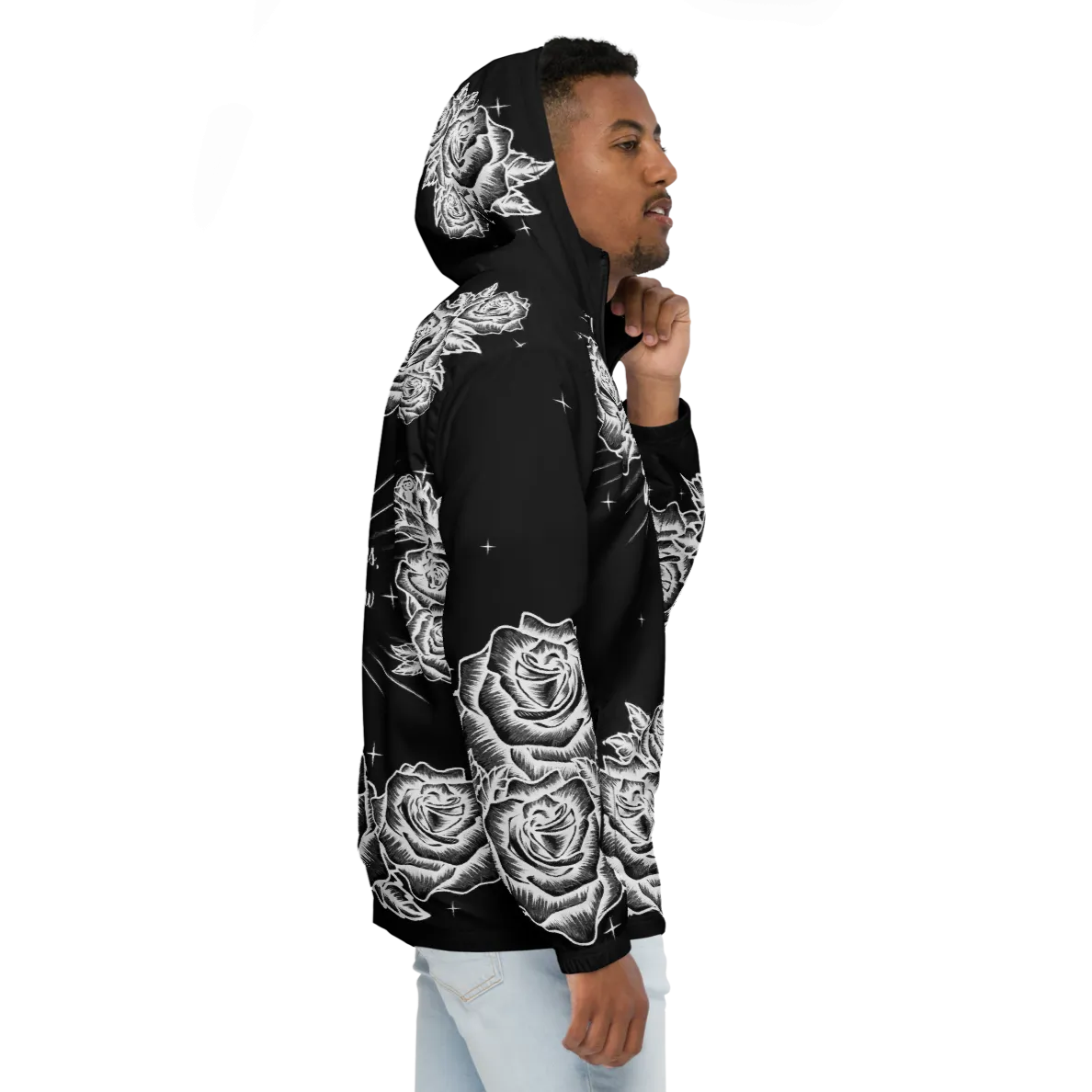 Black and White, Chicano Pen Ink Style Roses - Unisex Waterproof Windbreaker Jacket