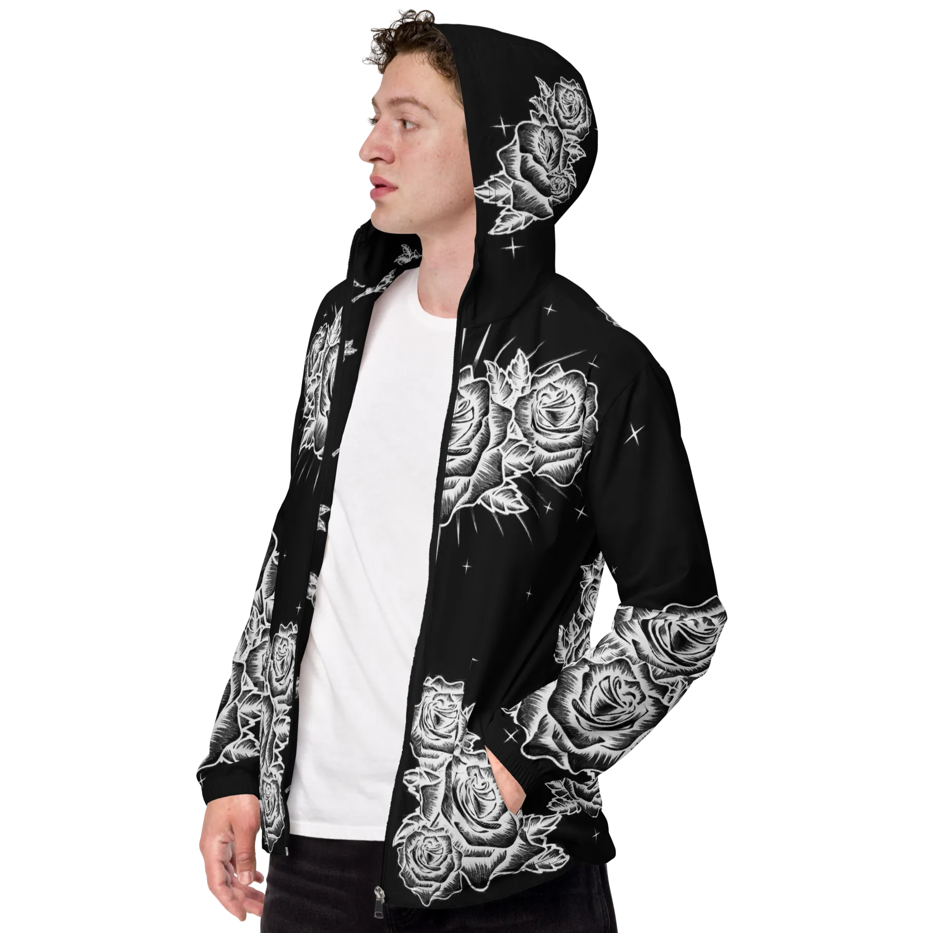 Black and White, Chicano Pen Ink Style Roses - Unisex Waterproof Windbreaker Jacket