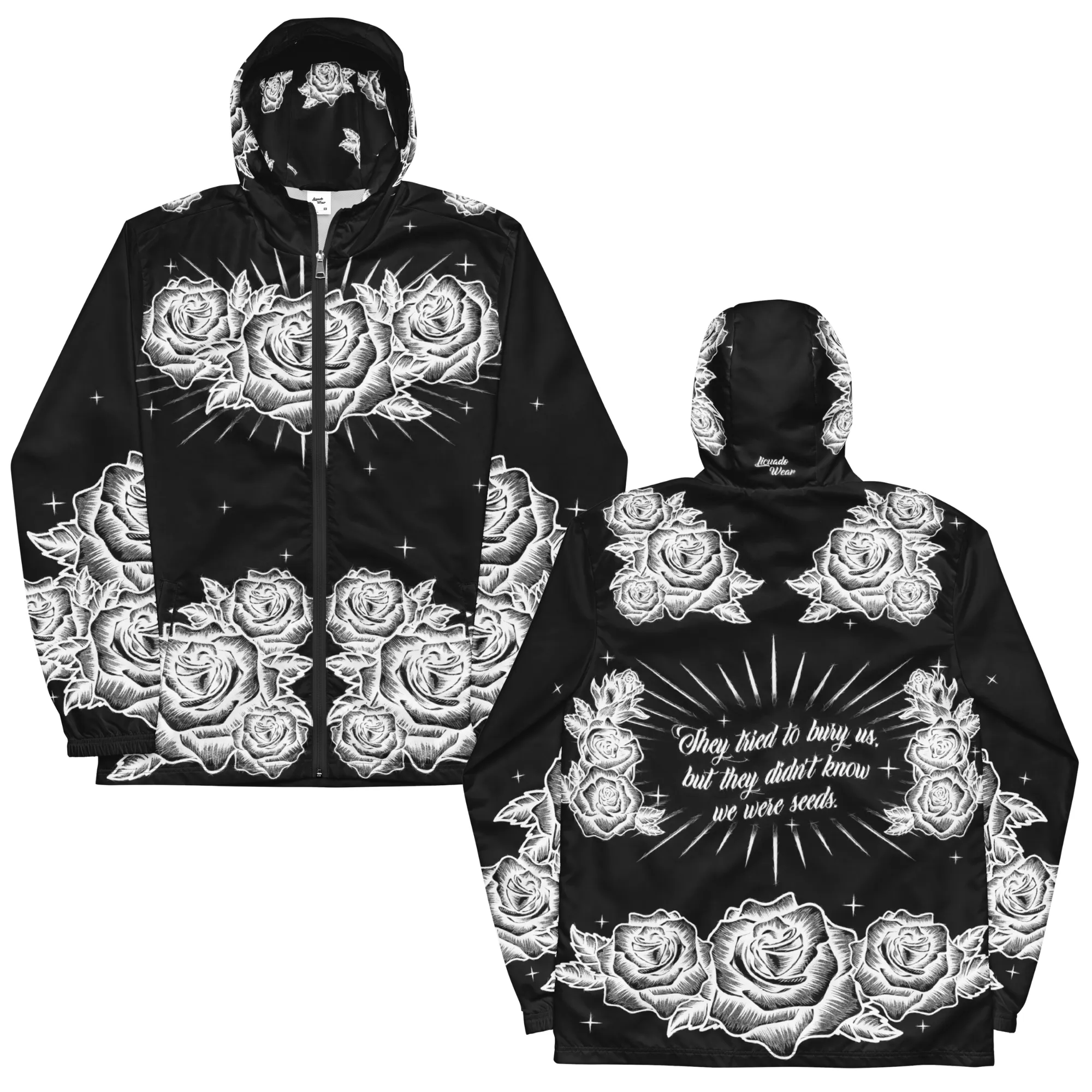 Black and White, Chicano Pen Ink Style Roses - Unisex Waterproof Windbreaker Jacket