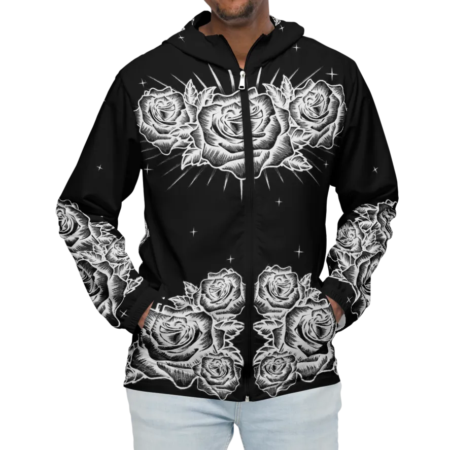 Black and White, Chicano Pen Ink Style Roses - Unisex Waterproof Windbreaker Jacket