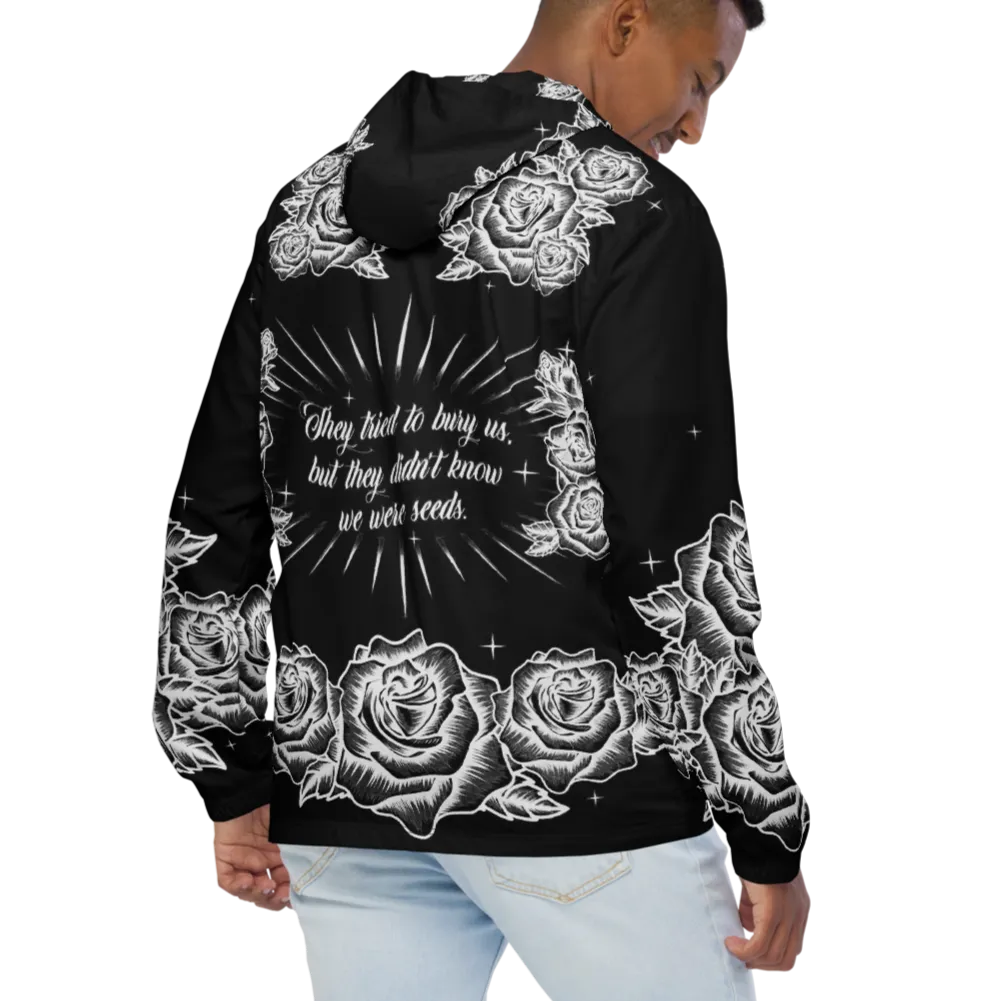 Black and White, Chicano Pen Ink Style Roses - Unisex Waterproof Windbreaker Jacket