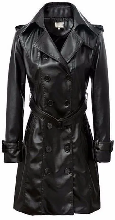 Black Double-Breasted Faux-Leather Coat