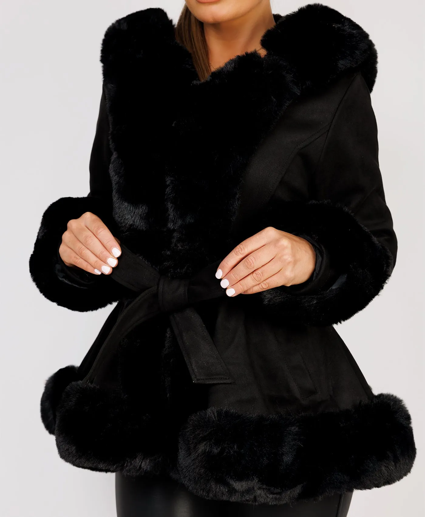 Black Faux Suede Fur Trim Hem Hooded Swing Jacket