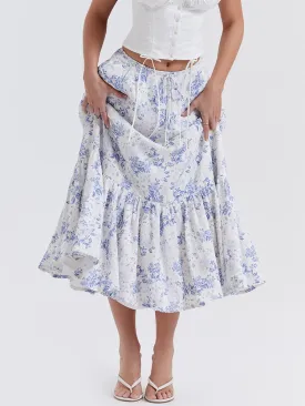 Blue Floral Stylish Print Midi Skirt