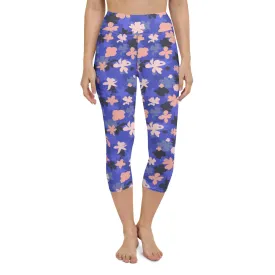 Blue Floral Women's Capri Yoga Pants