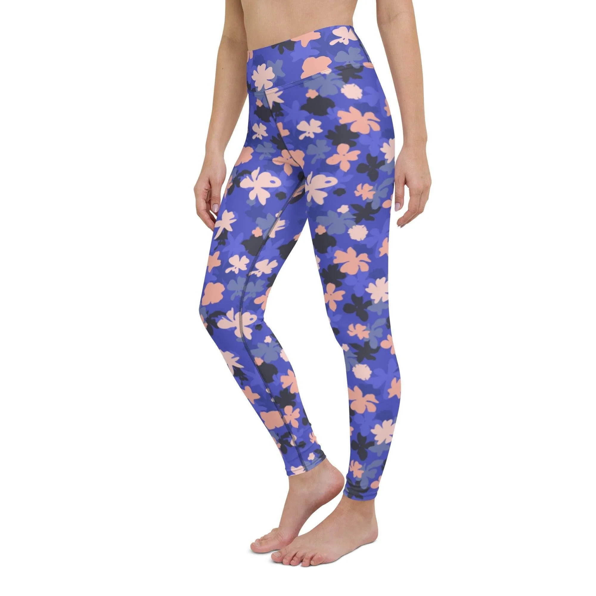 Blue Floral Women's High-Waisted Yoga Pants