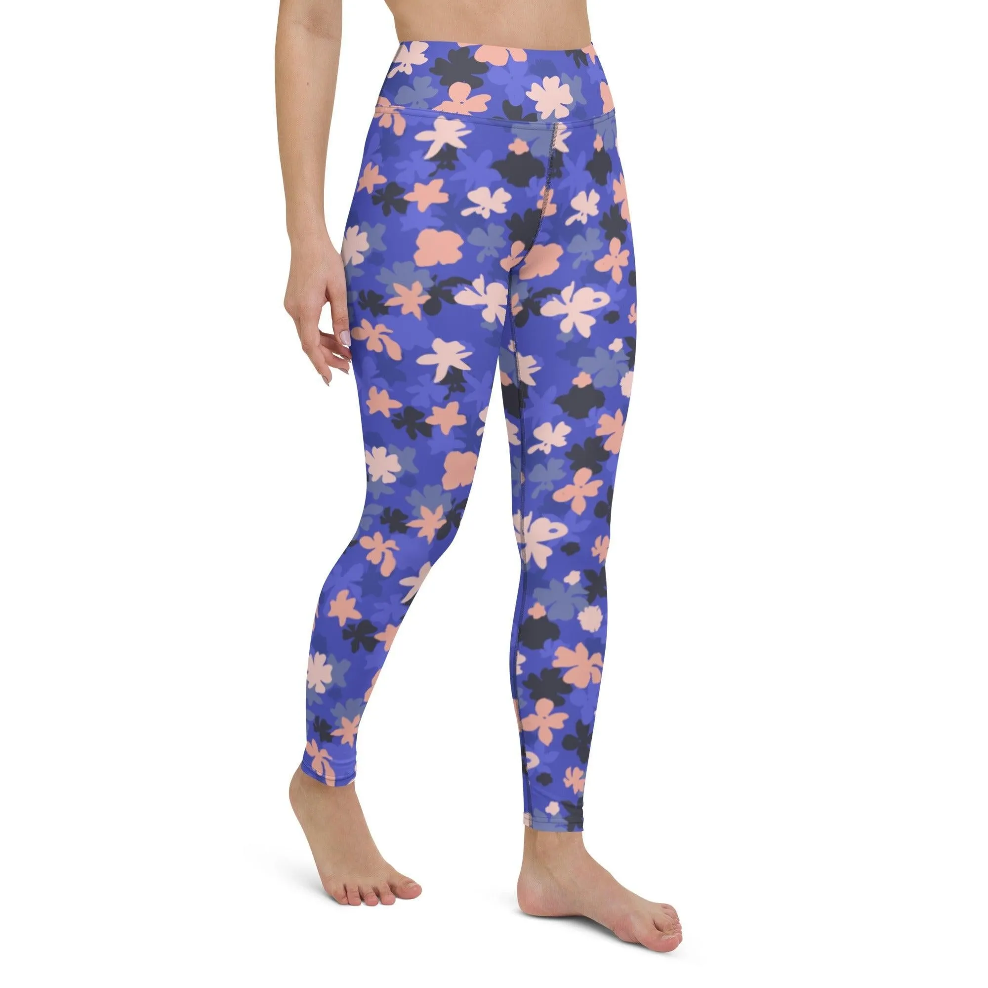 Blue Floral Women's High-Waisted Yoga Pants