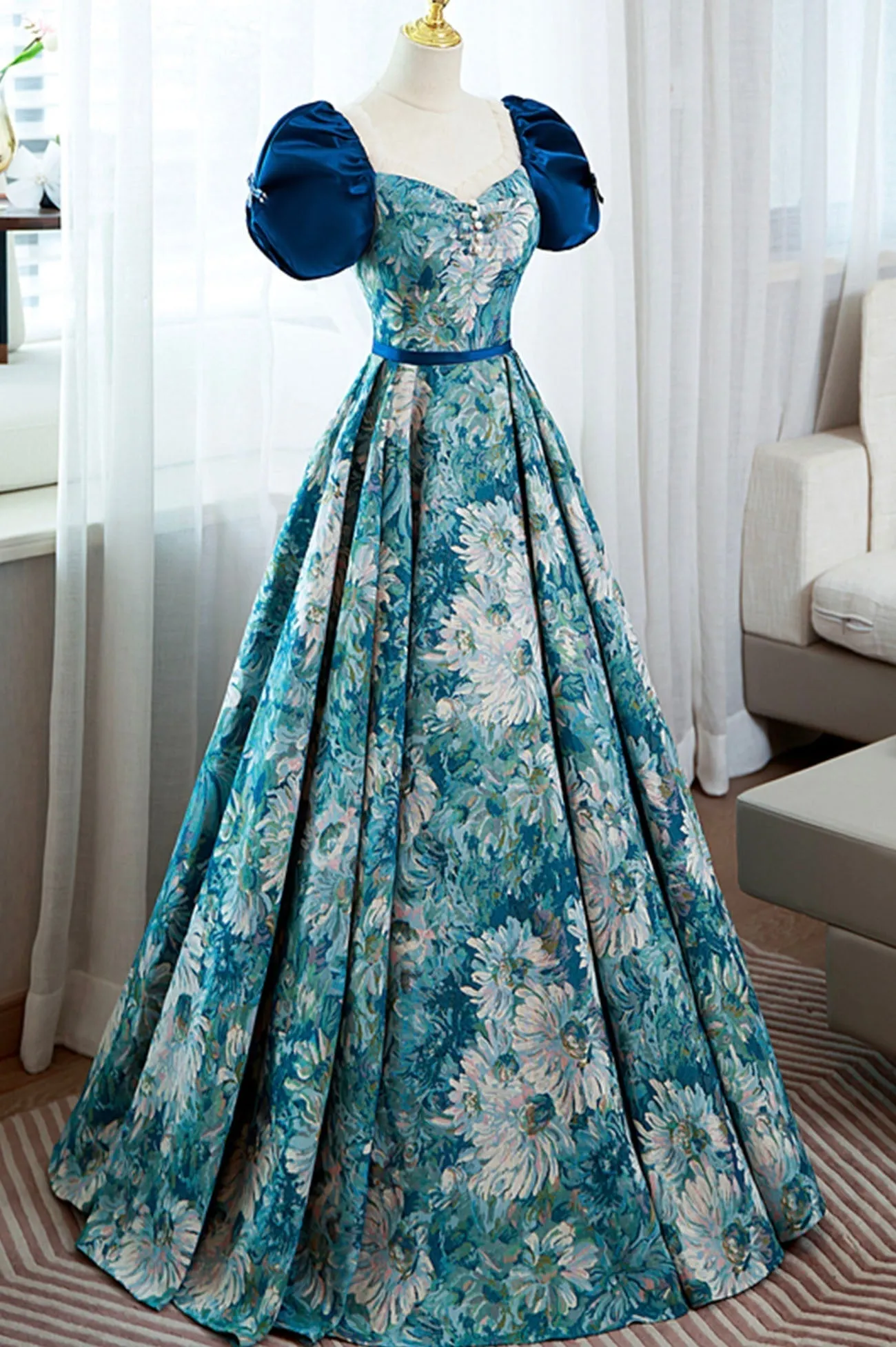 Blue Printed Long A-Line Prom Dress, Elegant Short Sleeve Formal Dress