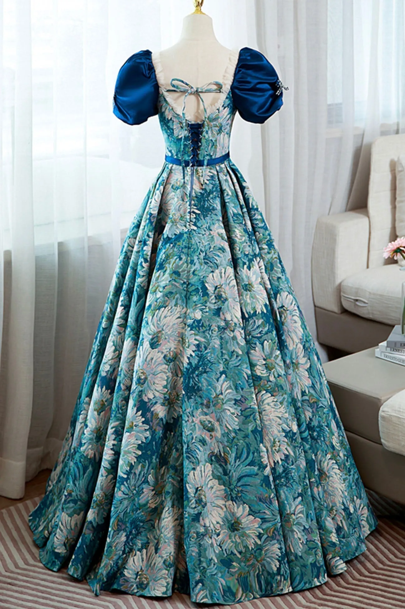 Blue Printed Long A-Line Prom Dress, Elegant Short Sleeve Formal Dress