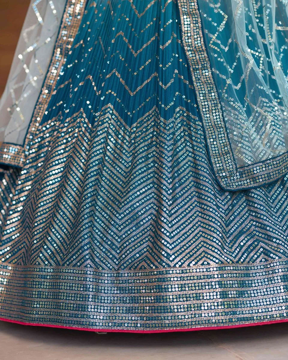 BLUE SEQUINS THREAD EMBROIDERY WORK LEHENGA CHOLI