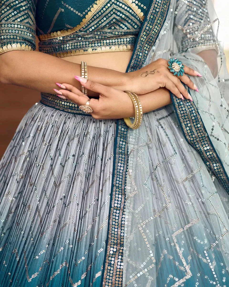 BLUE SEQUINS THREAD EMBROIDERY WORK LEHENGA CHOLI