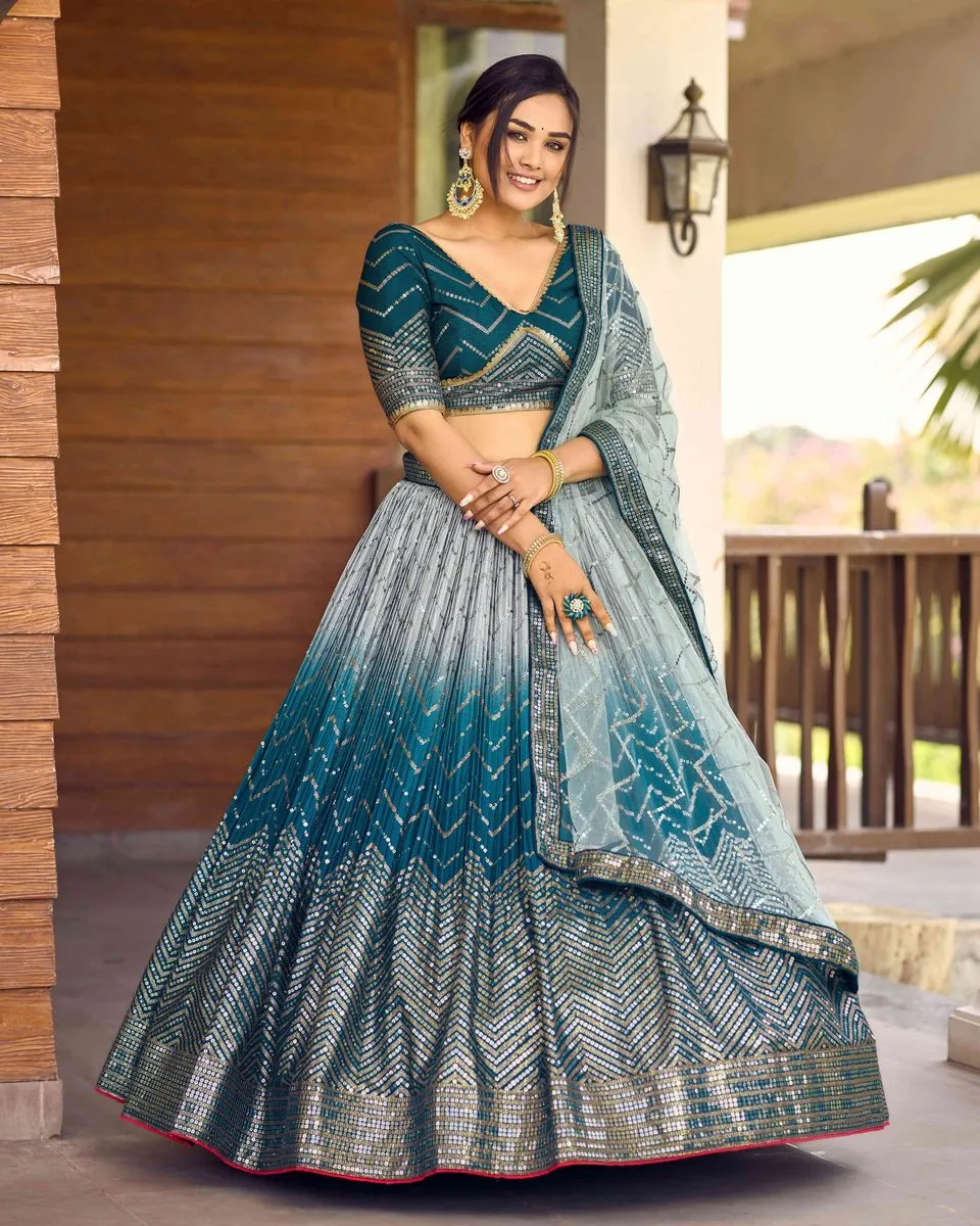 BLUE SEQUINS THREAD EMBROIDERY WORK LEHENGA CHOLI