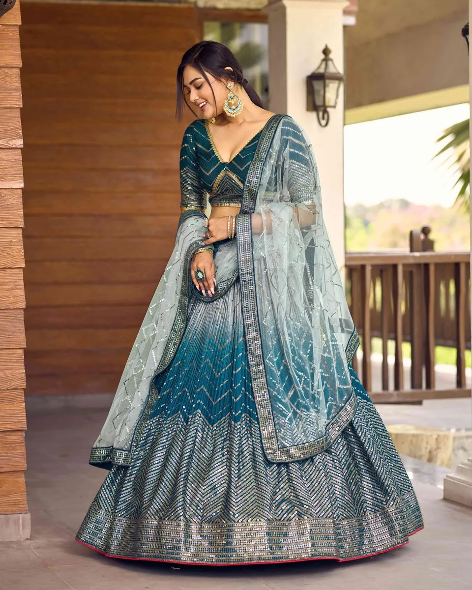 BLUE SEQUINS THREAD EMBROIDERY WORK LEHENGA CHOLI