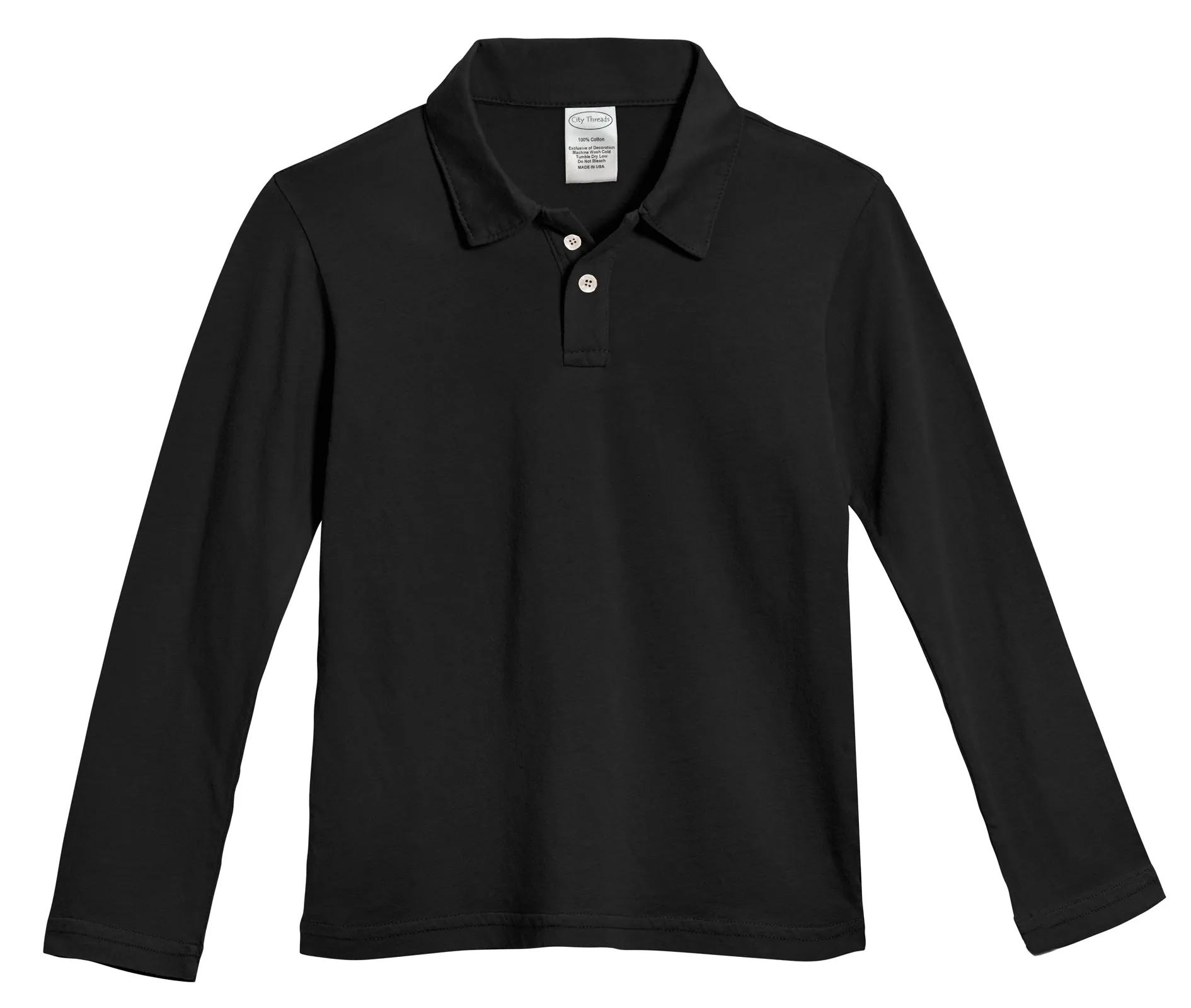 Boys Soft Cotton Jersey 2-Button Long Sleeve Polo Shirt | Black