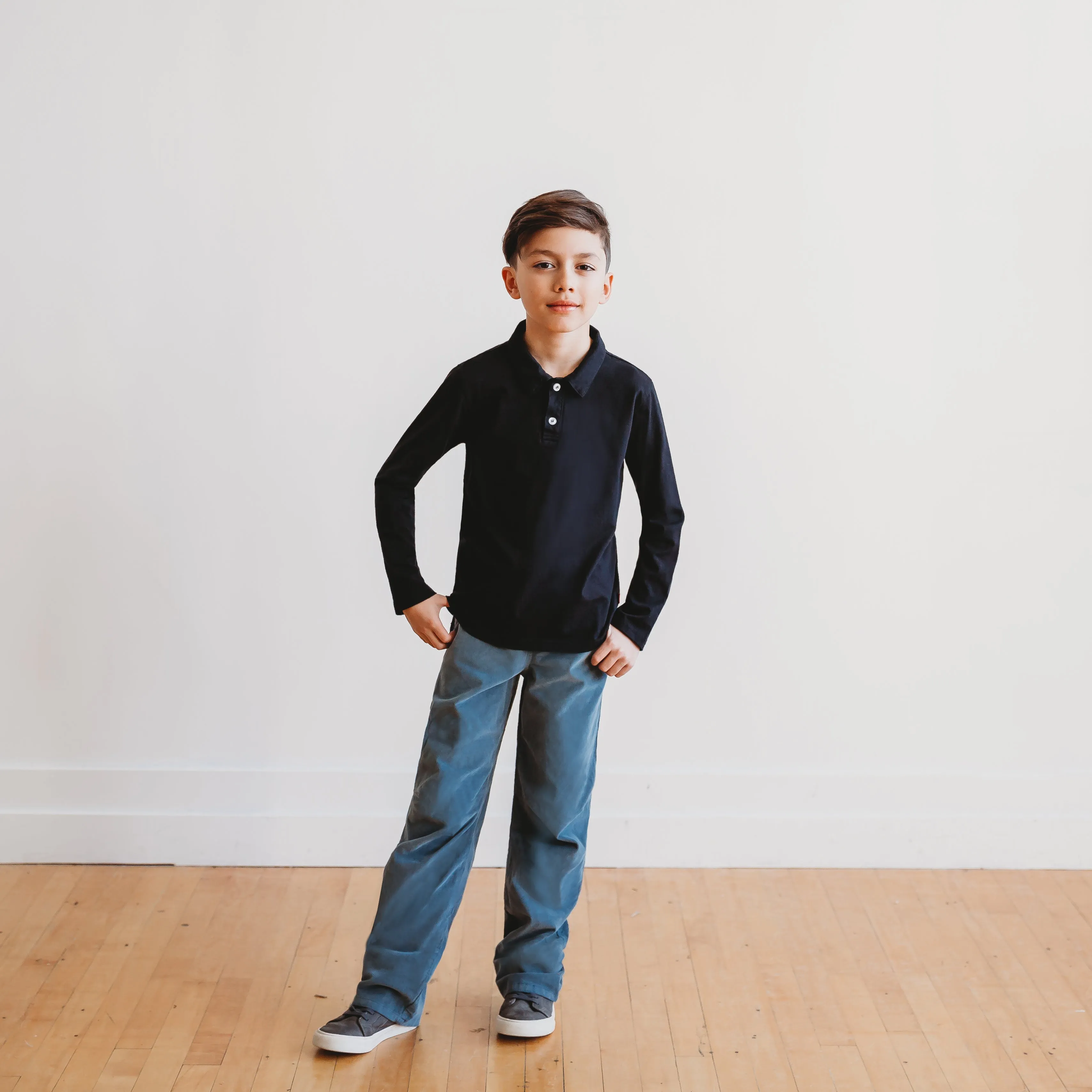 Boys Soft Cotton Jersey 2-Button Long Sleeve Polo Shirt | Sea