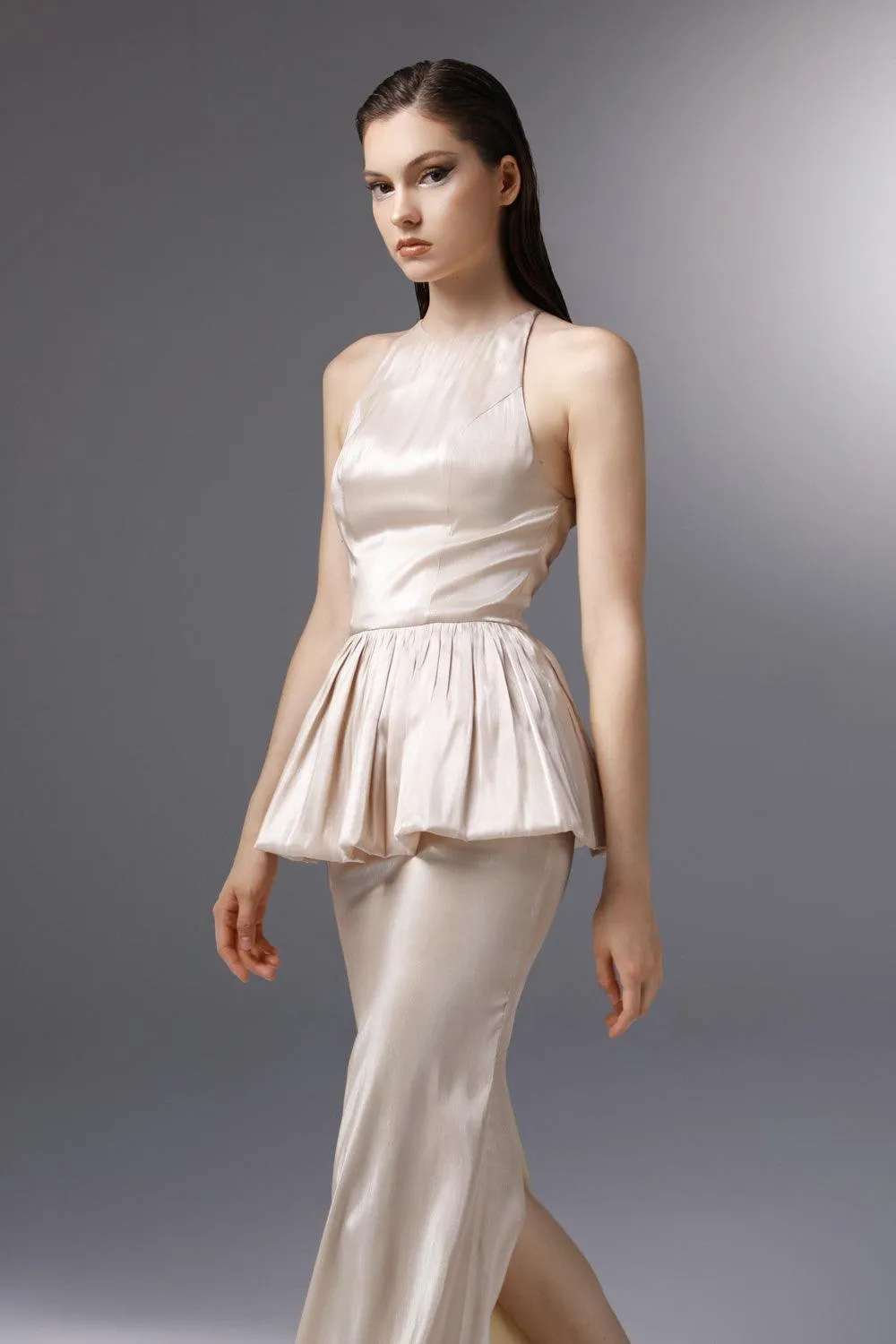 Candlelit Peplum Jewel Neck Silk Floor Length Dress