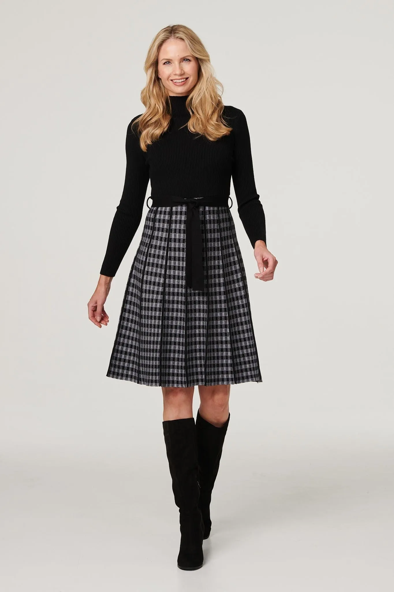 Checked High Neck Knit Dress