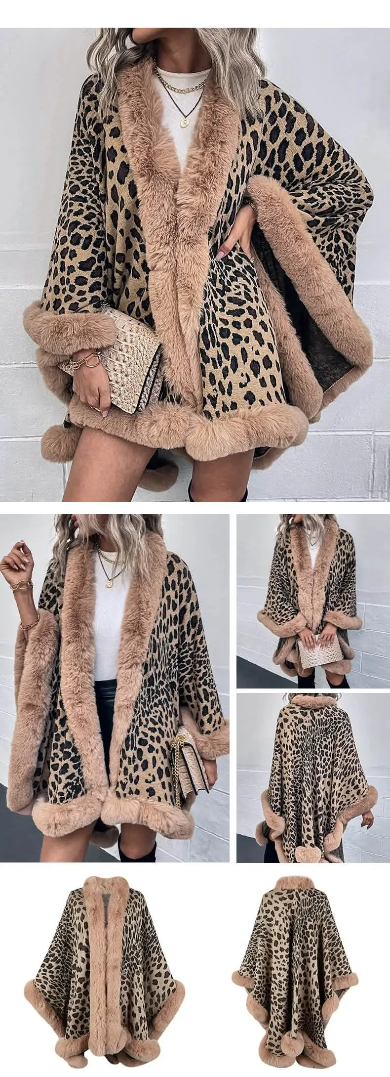 Chic Leopard Print Winter Cape Coat with Luxurious Fur Collar for Women