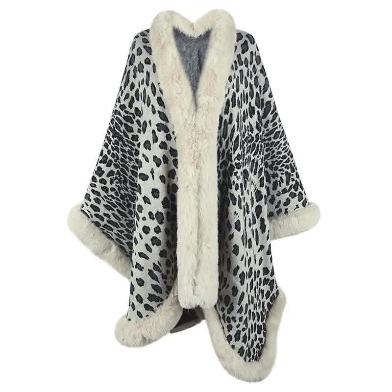 Chic Leopard Print Winter Cape Coat with Luxurious Fur Collar for Women