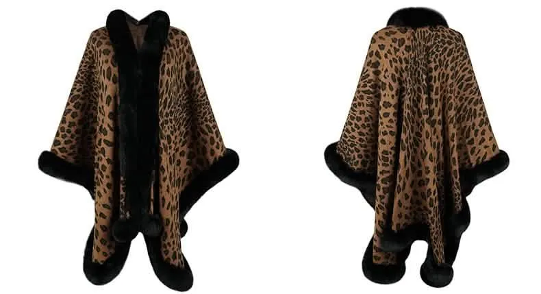 Chic Leopard Print Winter Cape Coat with Luxurious Fur Collar for Women