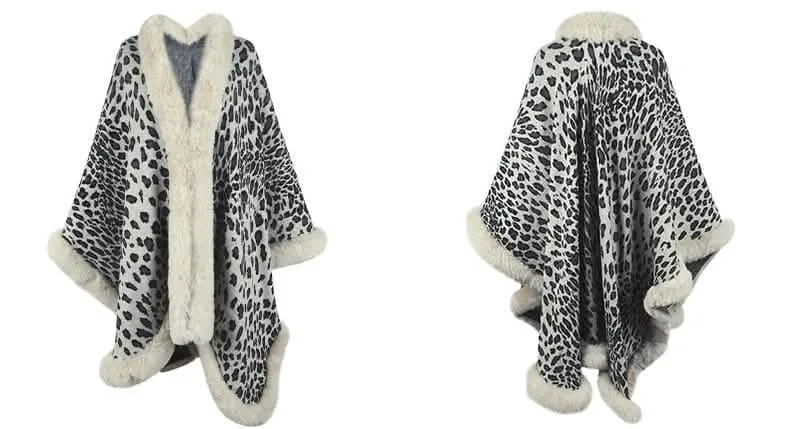 Chic Leopard Print Winter Cape Coat with Luxurious Fur Collar for Women