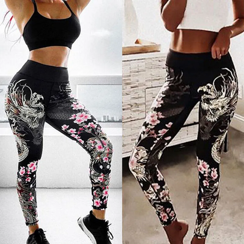 Chinese dragon flower printed Stretchy Pants DE108