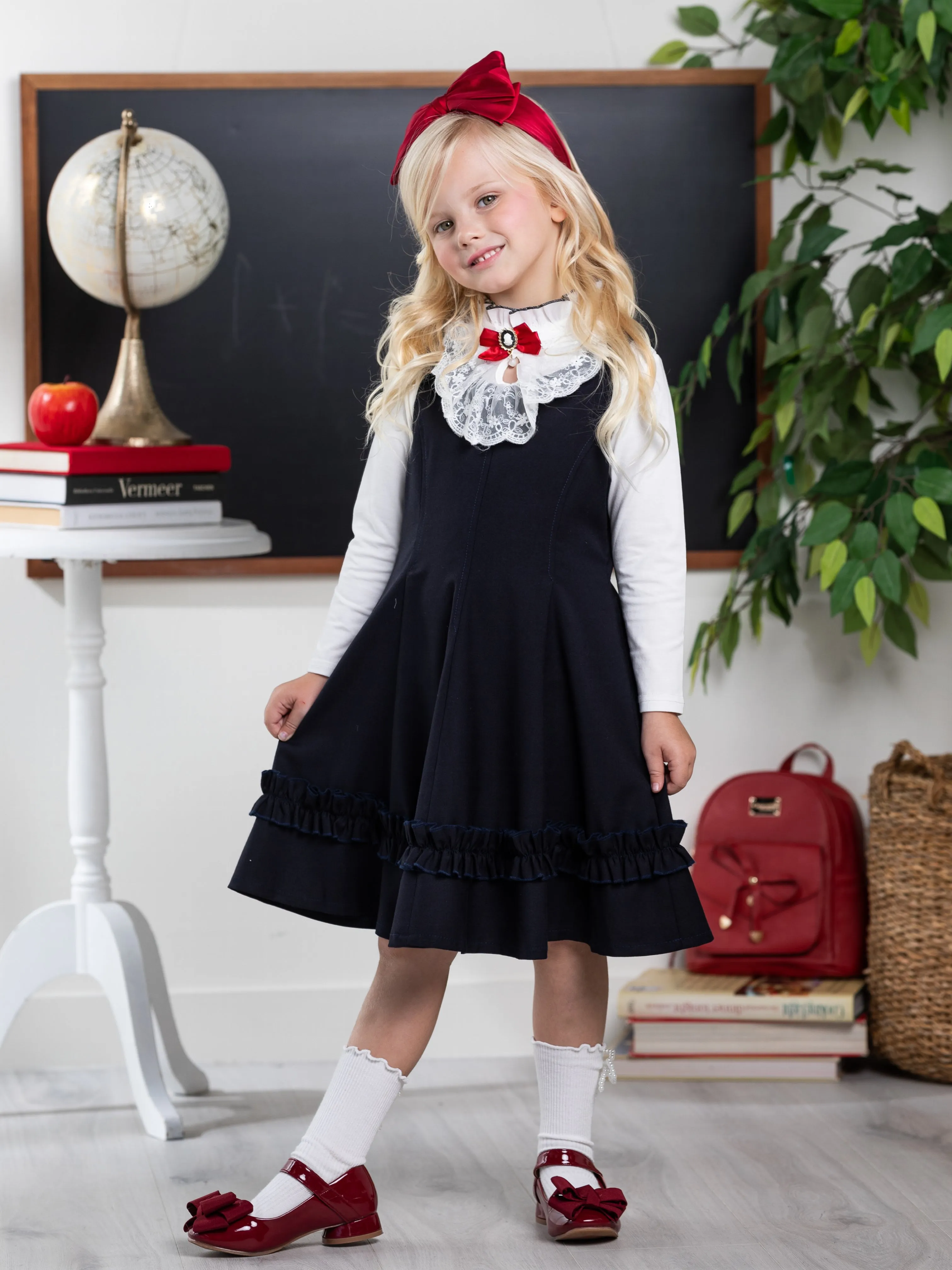 Classic Elegance Ruffle Front Navy Dress by Kids Couture