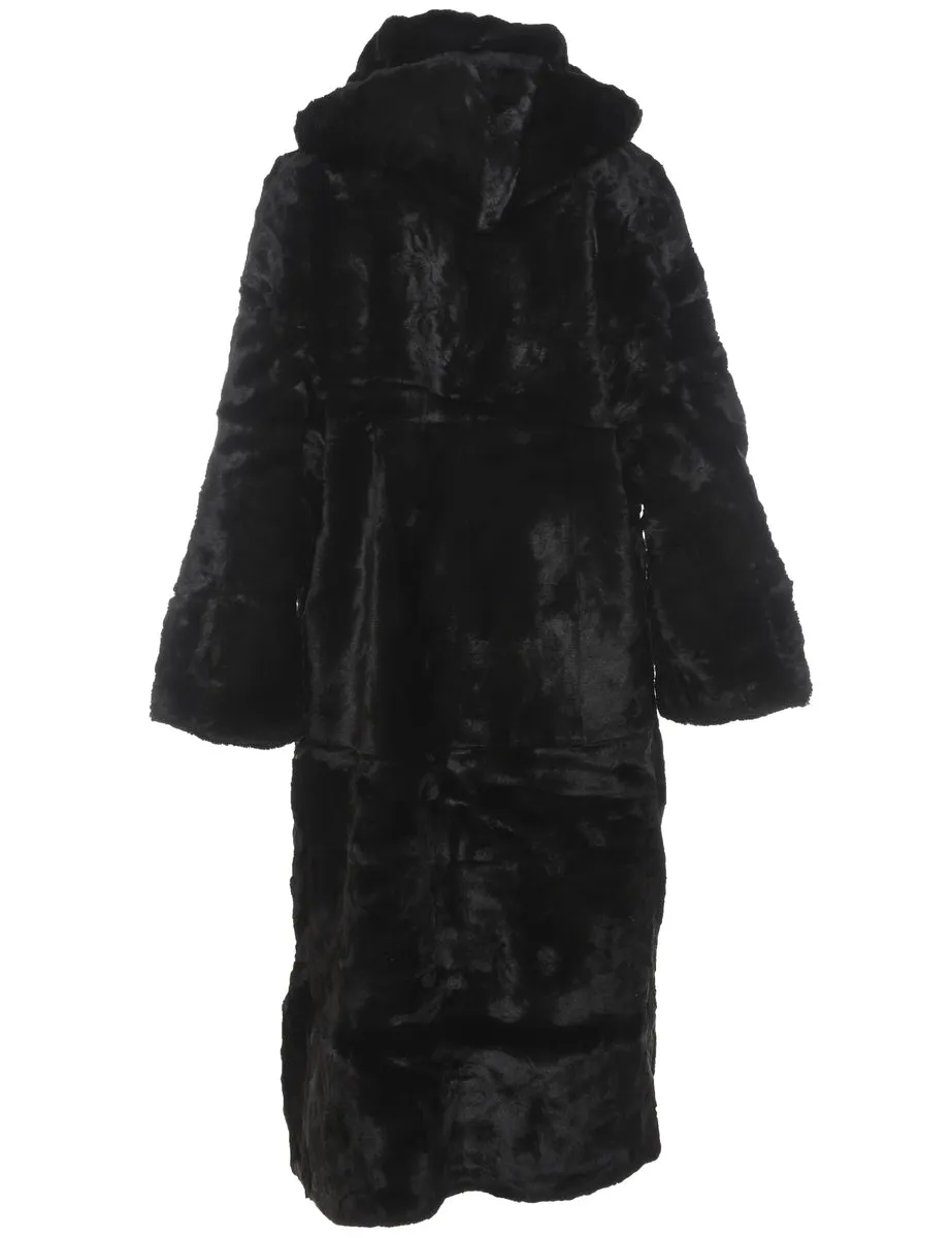 Double Breasted Long Black Faux Fur Coat - L