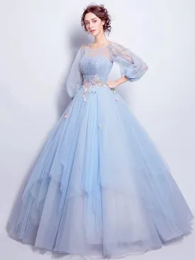 Elegant Floral Puffy Quinceanera Engagement Dress Illusion Neck 3/4 Length Sleeve Floor Length Tulle with Pleats Appliques