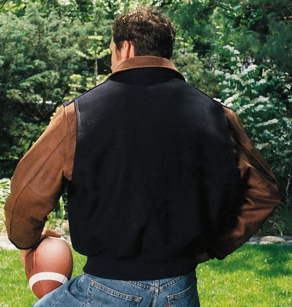 Executive Varsity Jacket From Leather Naked Cowhide Sleeves - Quality Wool Body -  Union Made in USA