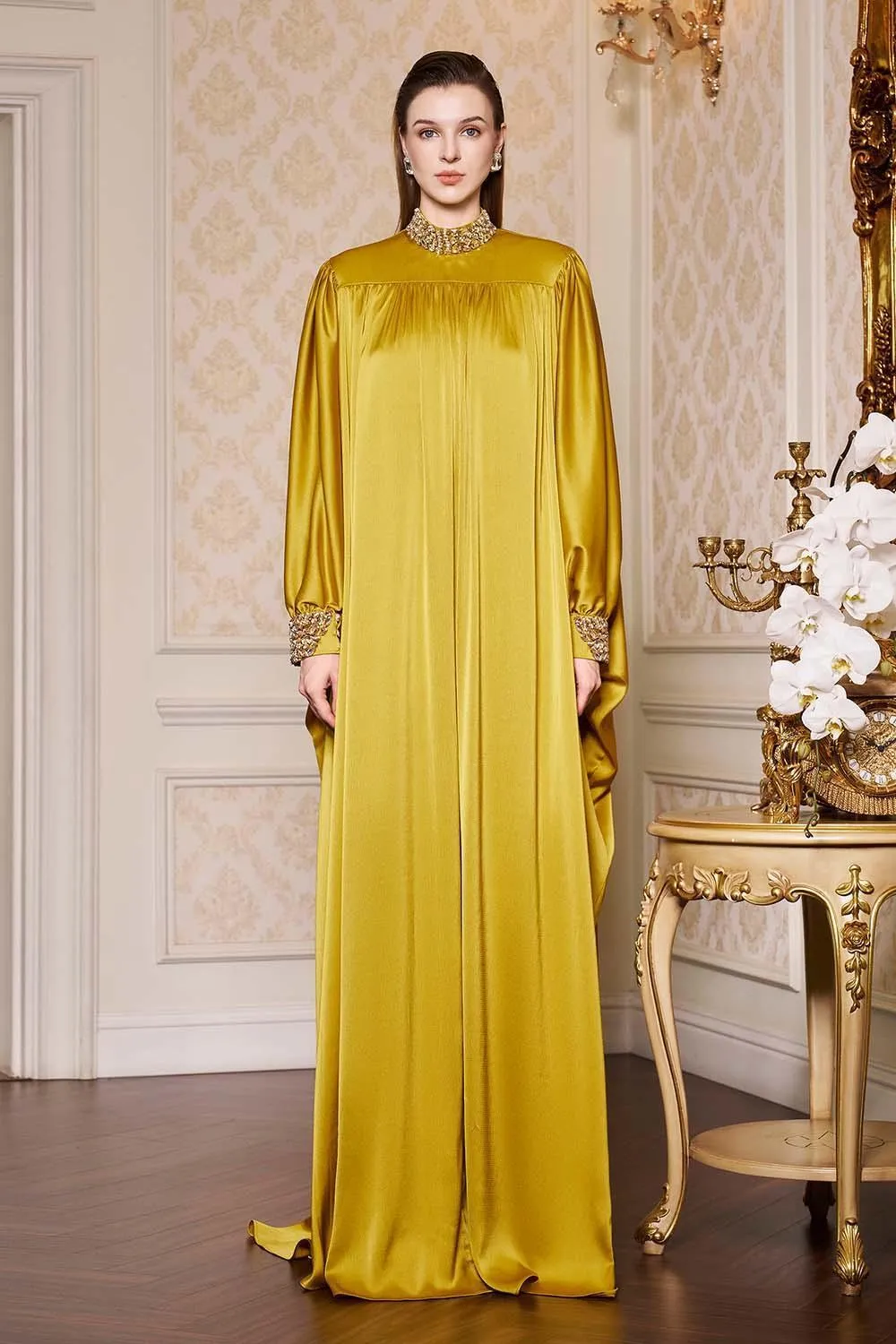 Frances Straight High Neck Silk Floor Length Dress