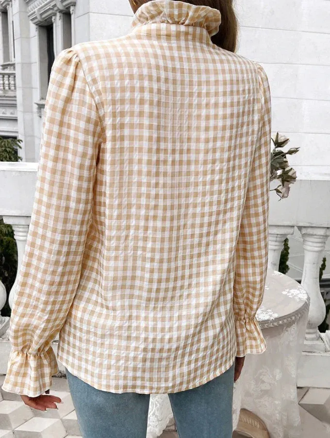 Gingham Ruffle Long Sleeve Button-Up Blouse for Everyday Elegance