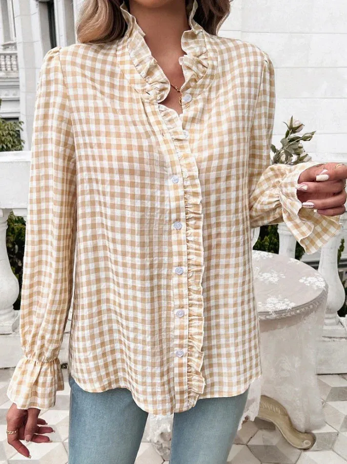 Gingham Ruffle Long Sleeve Button-Up Blouse for Everyday Elegance