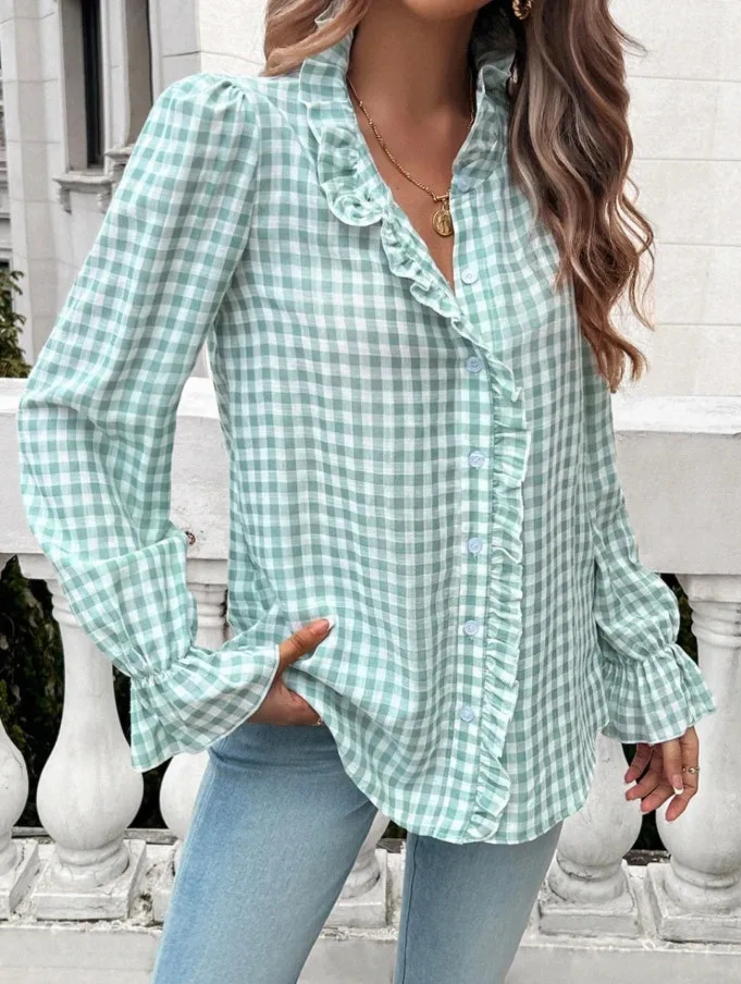 Gingham Ruffle Long Sleeve Button-Up Blouse for Everyday Elegance